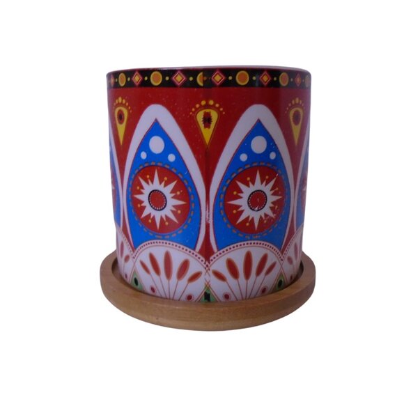 Succulent Pots 3 inch Mandala Boho Red Ceramic with Bamboo Trays 2 Pcs Set - Picture 3 of 6
